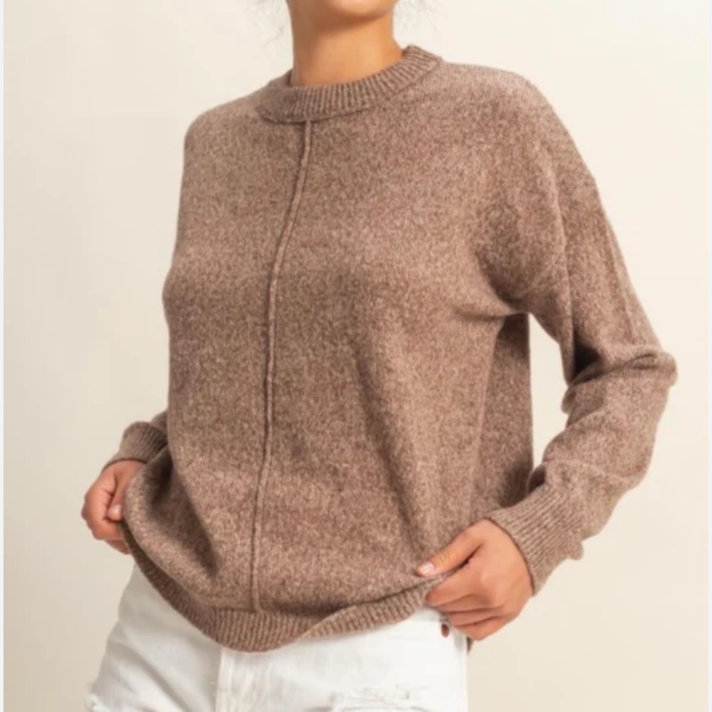 Warm Taupe Brown Boxy Crew Neck Wool Blend Lightweight Sweater Size Medium NWOT